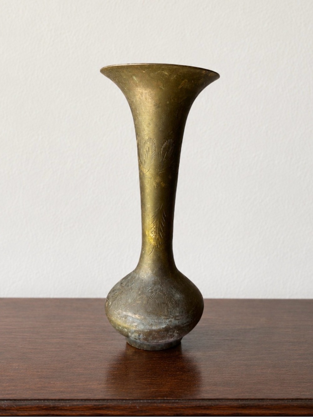Vintage Hand-Etched Brass Trumpet Vase 8” Tall Boho Global Decorative Bud Vase